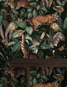 a wallpaper with zebras, giraffes and other animals in the jungle