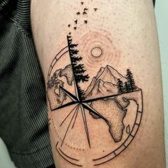 Fine Line Compass Mountain Tattoo Designs Horse Compass Tattoo, Compass Water Tattoo, Male Bicep Tattoo, Adventure Awaits Tattoo Ideas, Stay The Course Tattoo, Mountain And Compass Tattoo, Tattoo Ideas For Men Meaningful Family, Adventurous Tattoos, Matching Compass Tattoos