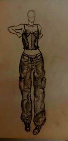 a drawing of a woman in jeans and tank top with her hands behind her back