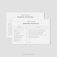 two white business cards with the words banana pudding written in black and white on them