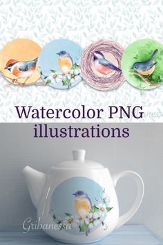 watercolor png illustrations on teapots with flowers and birds painted on them