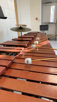 a row of wooden musical instruments sitting on top of a hard wood floor