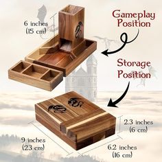 an open wooden box with instructions on how to use the inside and outside for storage