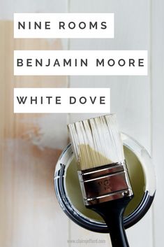 a paint brush with the words nine rooms, benjamin moore, white dove