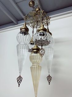 a chandelier hanging from the ceiling in a room with white walls and ceilings