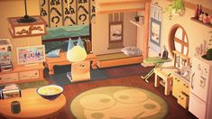 an animated view of a living room with furniture and decorations on the walls, including a rug