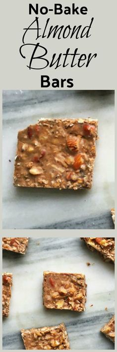 no - bake almond butter bars on a marble counter top with text overlay