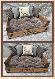 a dog bed made out of pallets with pillows on top and the bottom is made to look like a couch