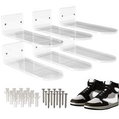 several pairs of shoes and screws are shown in this image, including one pair of sneakers