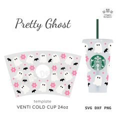 a starbucks cup with ghost decorations on it and the words pretty ghost next to it