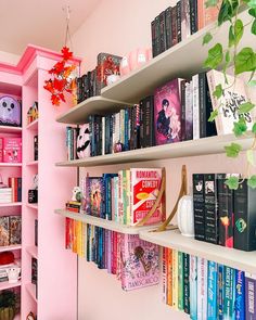 the bookshelves are filled with many different types of books and decorations on them