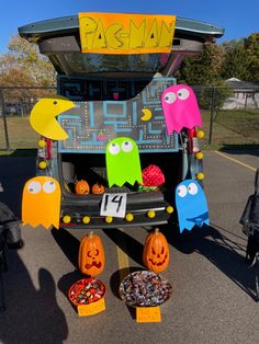 the back of a truck decorated with halloween decorations