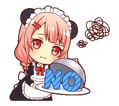 an anime character holding a plate with the word no on it, in front of her face