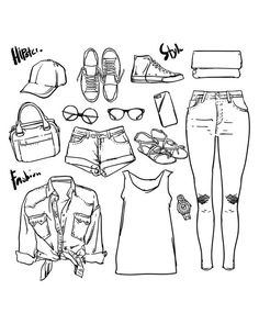 a set of clothes and accessories for the girl in black and white, hand drawn