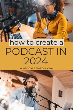 a man sitting in front of a microphone with the words how to create a podcast launch plan