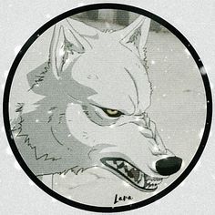 an image of a wolf in a circle with snow flakes on it's face