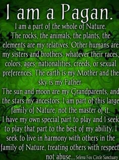 the poem i am a pagan written in green on a black and white background