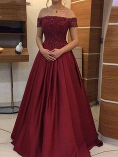 Ball Gown Off-the-Shoulder Sleeveless Floor-Length Applique Satin Dresses Vestidos Color Vino, Burgundy Formal Dress, School Dance Dresses, Crystal Reed, Corset Dress Prom, Burgundy Lace, Wedding Dress Trends, Satin Prom Dress, Lace Evening Dresses