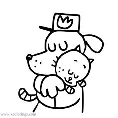 a black and white drawing of two dogs hugging each other