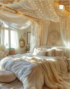 a bed with white sheets and lights on the ceiling in a room that is decorated for christmas