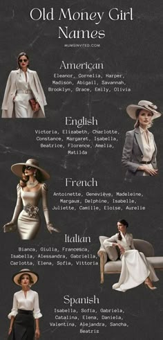 an old money girl names poster with many different styles and colors, including the woman in white