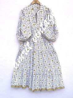 ITEM DESCRIPTION cotton yellow-gray floral block printed women's maxi dress - frill collar with belt summer long dress Features: 3/4 sleeve, V neck, Frill Collar, Long dress Fabric: 100% Cotton Cambric Hand Block Printed fabrics  Sleeve Length = 16 inch For more sizes & their measurement, please refer our below chart to understand the sizes variations available with us For your size requirement, please mention your size in seller note at the time of buying. SIZE MEASUREMENT  BUSTLENGTHSHOULDER X Summer Long Dress, Frill Collar, Block Printing Fabric, Long Summer Dresses, Grey Floral, Womens Maxi Dresses, Yellow Floral, Dress Clothes For Women, Dress Fabric