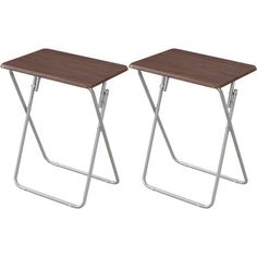 two small wooden tables sitting next to each other on top of a white floor with metal legs