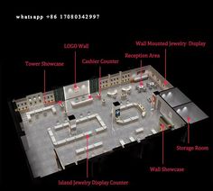 an overview of the inside of a building with all its features labeled in red and white