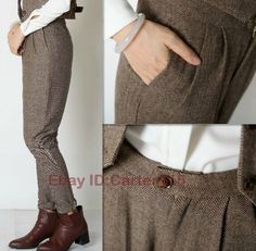 Women's Wool Blend Tweed Herringbone Harem Trousers High Waist Casual Pants | eBay Fall Tweed Bottoms With Pockets, Tweed Pants With Pockets For Fall, Fitted Tweed Bottoms For Fall, Fitted Tweed Pants For Fall, Fall Fitted Tweed Pants, Fitted Tweed Trousers, Fitted Tweed Bottoms With Pockets, Fall Tweed Trousers, Herringbone Pattern Trousers For Fall