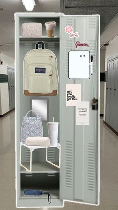 an open locker with several items on the shelf and in it's back door