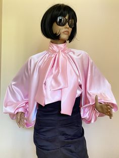 "This is a very stylish Womens Satin blouse. It is comfortable and cozy. Made for a free flowing fit. Great for all year around and for any special occasion or casual day can be dressed up or dressed down. SIZE CHART SIZE S - US 6, UK 8, EU 36 bust: bust around 34.5\"/90cm Waist: waist around 27.5\"/70cm Hips: hips around 34.5\"/90cm SIZE M - US 8, UK 10, EU 38 bust: bust around 37.5\"/95cm Waist: waist around 29.5\"/75cm Hips: hips around 37.5\"/95cm SIZE L - US 10, UK 12, EU 40 bust: bust arou Feminine Party Blouse With Bow, Chic Balloon Sleeve Blouse For Party, Elegant Pink Tops For Evening, Feminine Party Tops With Bow Detail, Pink Ruffled Blouse With Lantern Sleeves, Spring Evening Blouse With Bow Detail, Pink Satin Top For Evening, Spring Evening Blouse With Bow, Pink Lantern Sleeve Blouse For Party