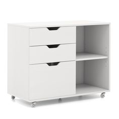 a white cabinet with three drawers and wheels on the bottom shelf is shown in front of a white background