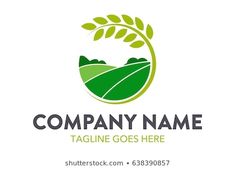 a green leaf logo with hills and trees in the background royalty illustration on white background