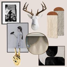 a collage of various items including deer head, wall hangings and pictures