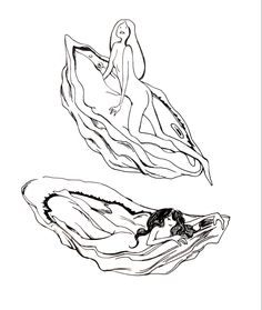 a drawing of a woman floating in the water next to a large piece of food