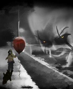 a person holding a red balloon in the middle of a street next to a demon