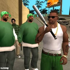 two men in green and white outfits holding a baseball bat