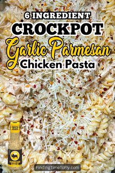 the ingredients for crockpot garlic parmesan chicken pasta in a skillet