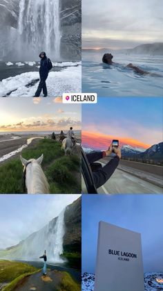 four different pictures with people standing in front of a waterfall and one person taking a photo