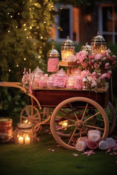 a wagon filled with lots of candy and candles