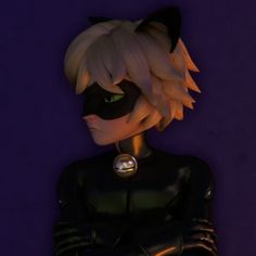 an animated cat woman with green eyes and black cats ears, standing in front of a purple background