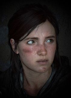 the last of us character with blue eyes and freckles on her face, looking into the camera