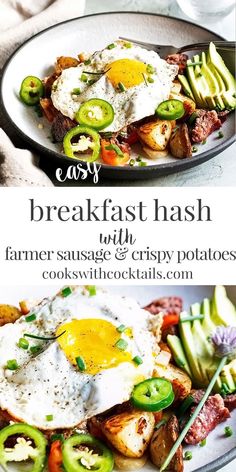 breakfast hash browns with fried eggs and green peppers