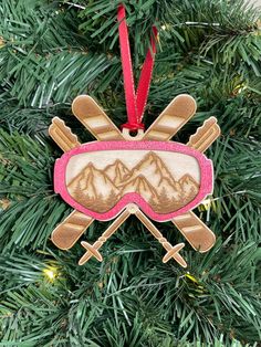 a christmas ornament with skis and goggles hanging from a pine tree