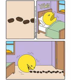 a comic strip with an image of a duck in bed and coffee beans on the floor