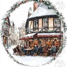 a painting of people sitting at a table in front of a building on a snowy day