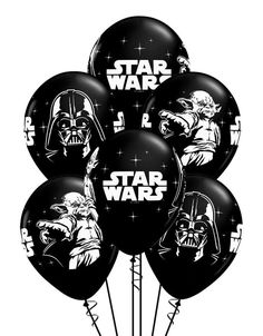 star wars balloons with darth vader and stormtrooper on them, in black and white