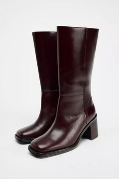 SQUARE TOE LEATHER ANKLE BOOT - Burgundy Red | ZARA United States Dark Red Boots, Burgundy Boots Ankle, Burgundy Boots, Waistcoat Dress, Red Boots, Cardigan Sweater Dress, Shoes Trainers, Trouser Jeans, Burgundy Red