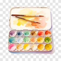 an artist's palette with watercolor paints and brush png