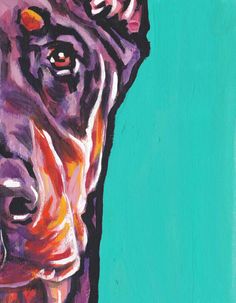 a painting of a dog's face on a blue background